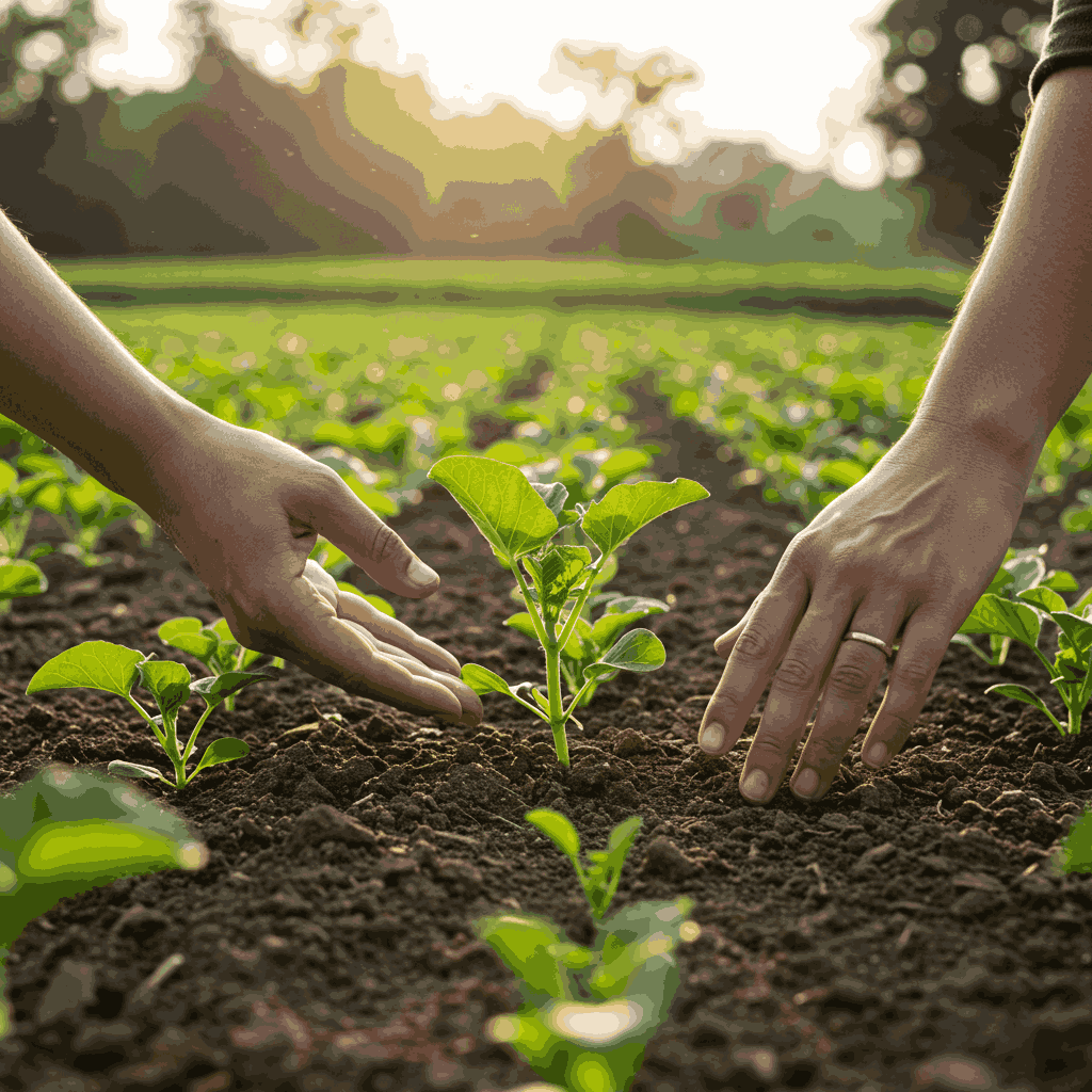An organic farm with lush, green crops and healthy soil